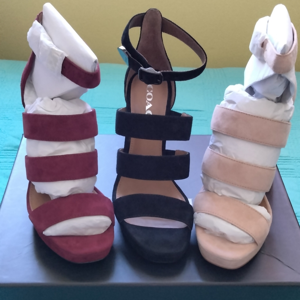 COACH Blush MARINA Three-Strap Suede Ankle-Strap Heel in Blush. - Picture 5 of 5